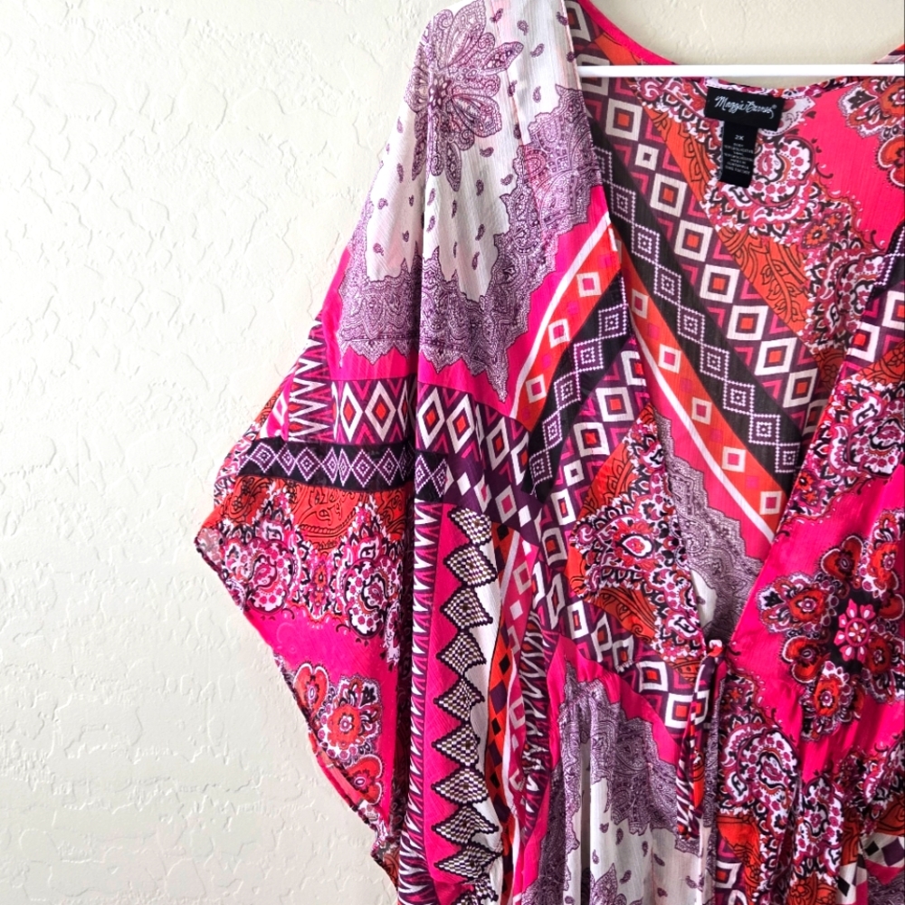 Maggie Barnes Bohemian Open Cardigan 2X Multicolor Kimono Sleeve Tie Waist - Picture 5 of 11